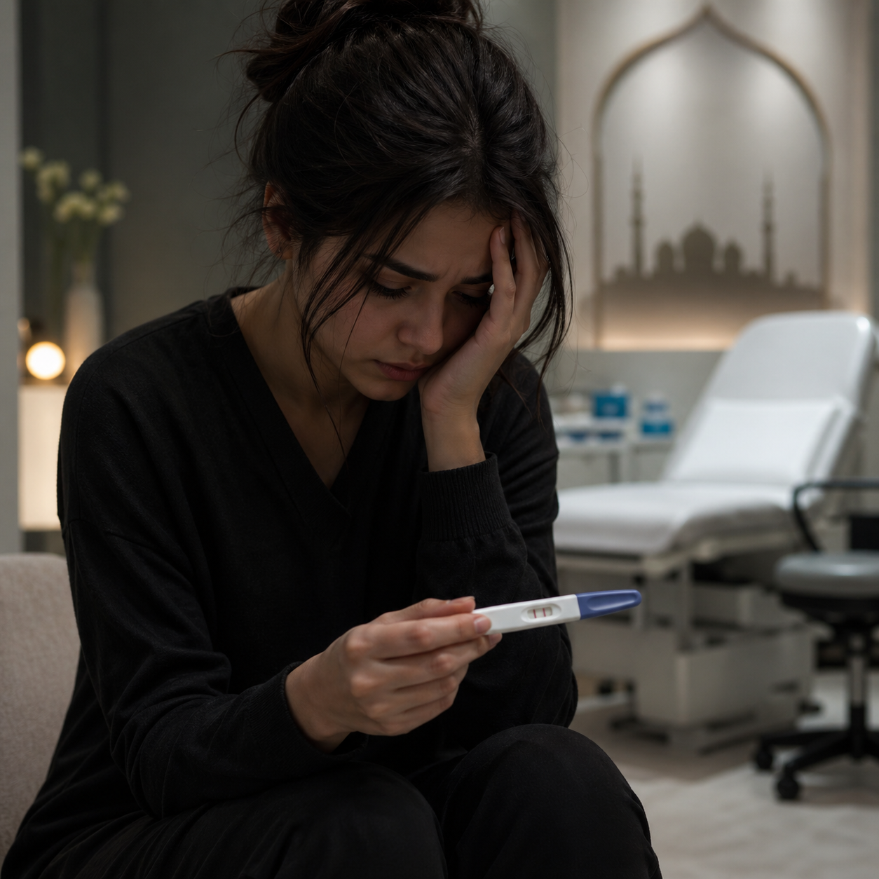 Woman in distress holding pregnancy test – Confidential abortion clinic Abu Dhabi Dubai UAE