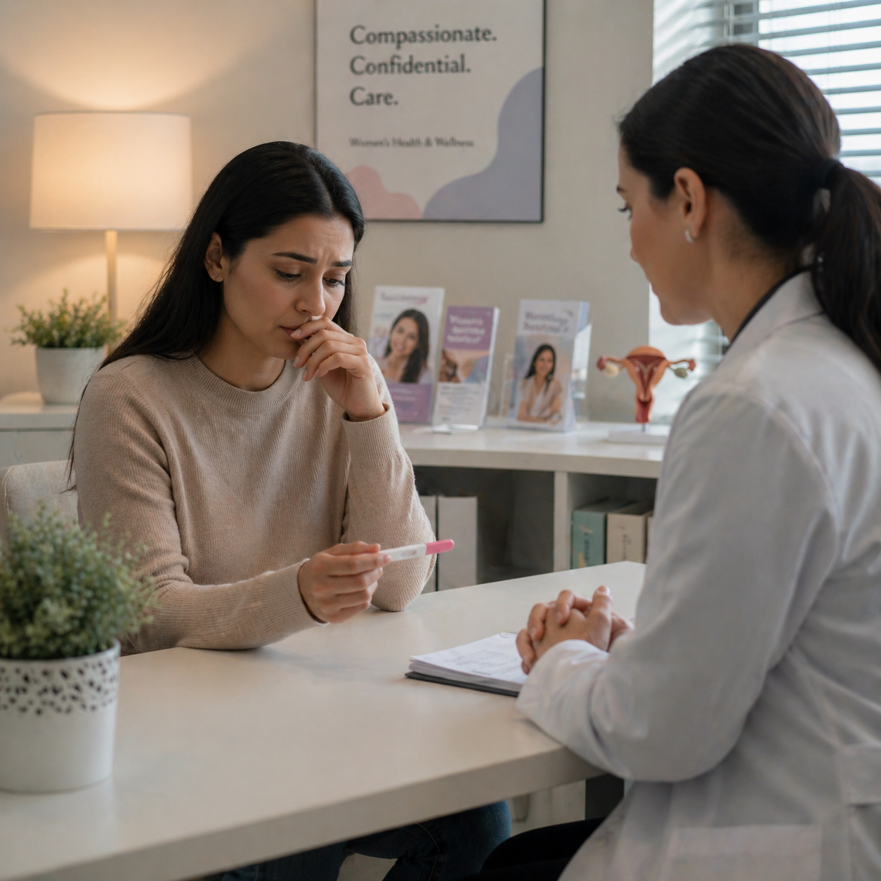 Woman holding pregnancy test considering abortion options at Dr Remy Mediclinic Abu Dhabi — safe, discreet, and compassionate reproductive healthcare